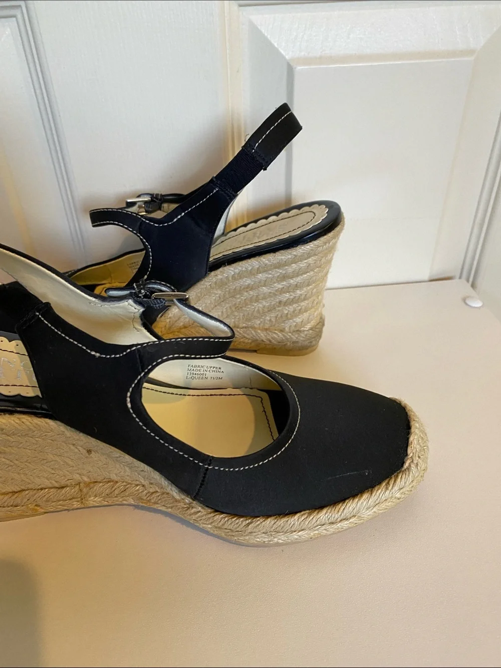 Franco Sarto Black and Cream Espadrille Wedge Slingbacks
